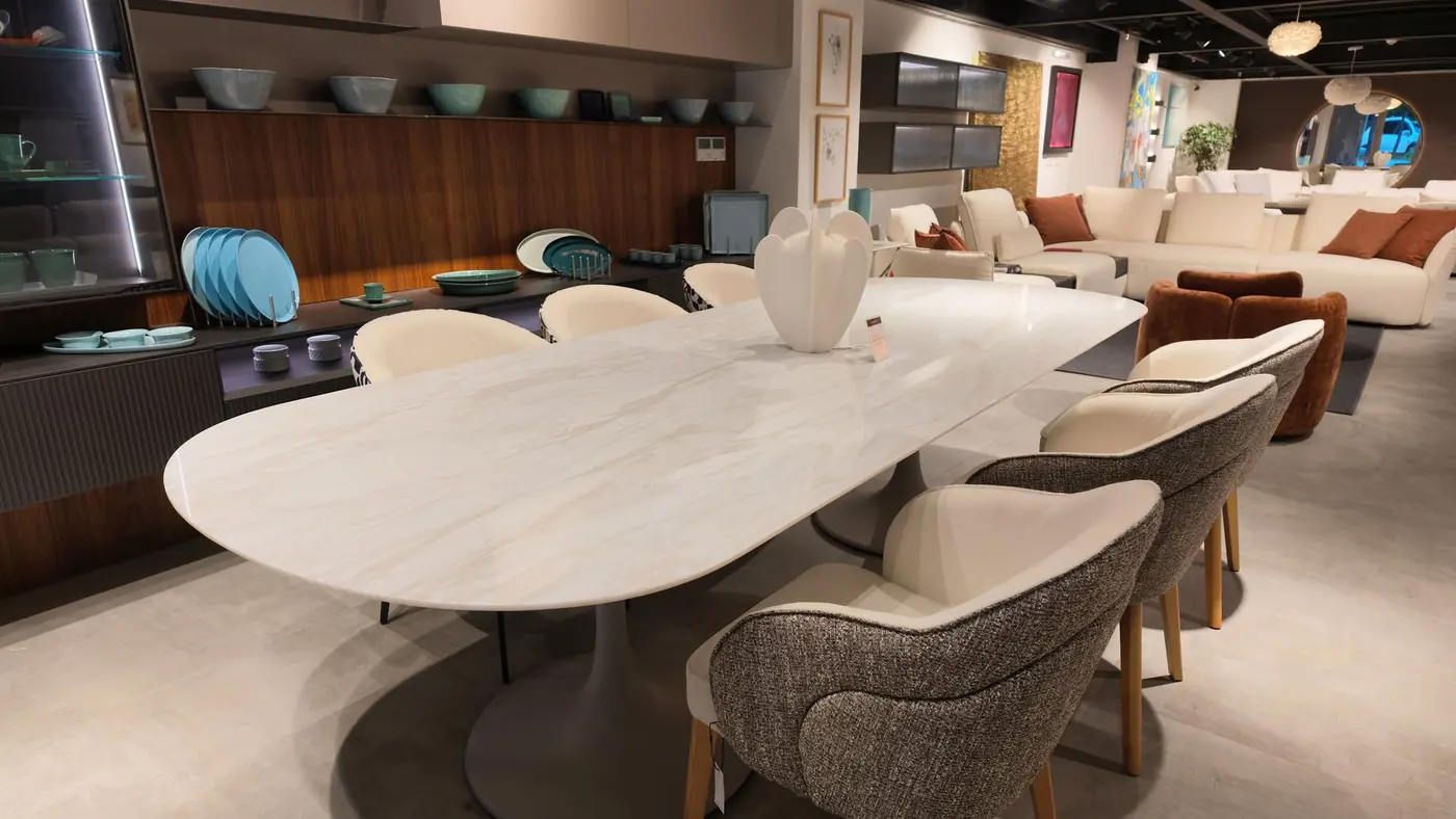 Mermer Tablalı Oval Yemek Masası – 287 cm